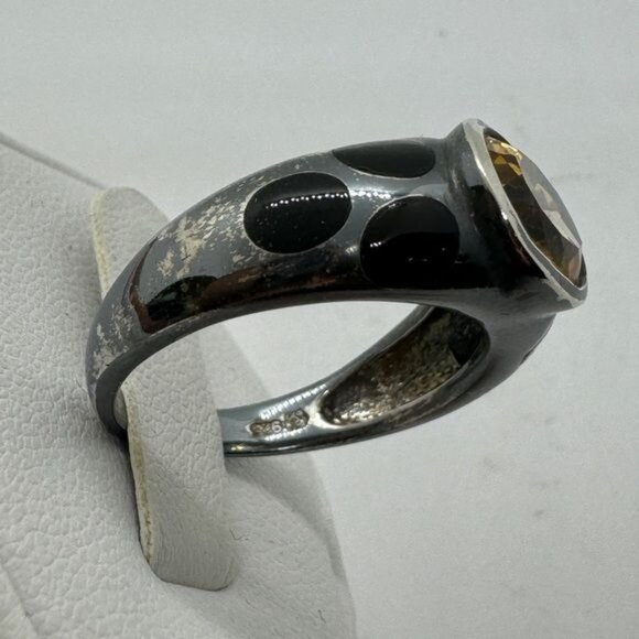 Sterling Silver Rio Grande Golden Citrine Oval w Black Quartz Ring size 9 .925 - Picture 7 of 8